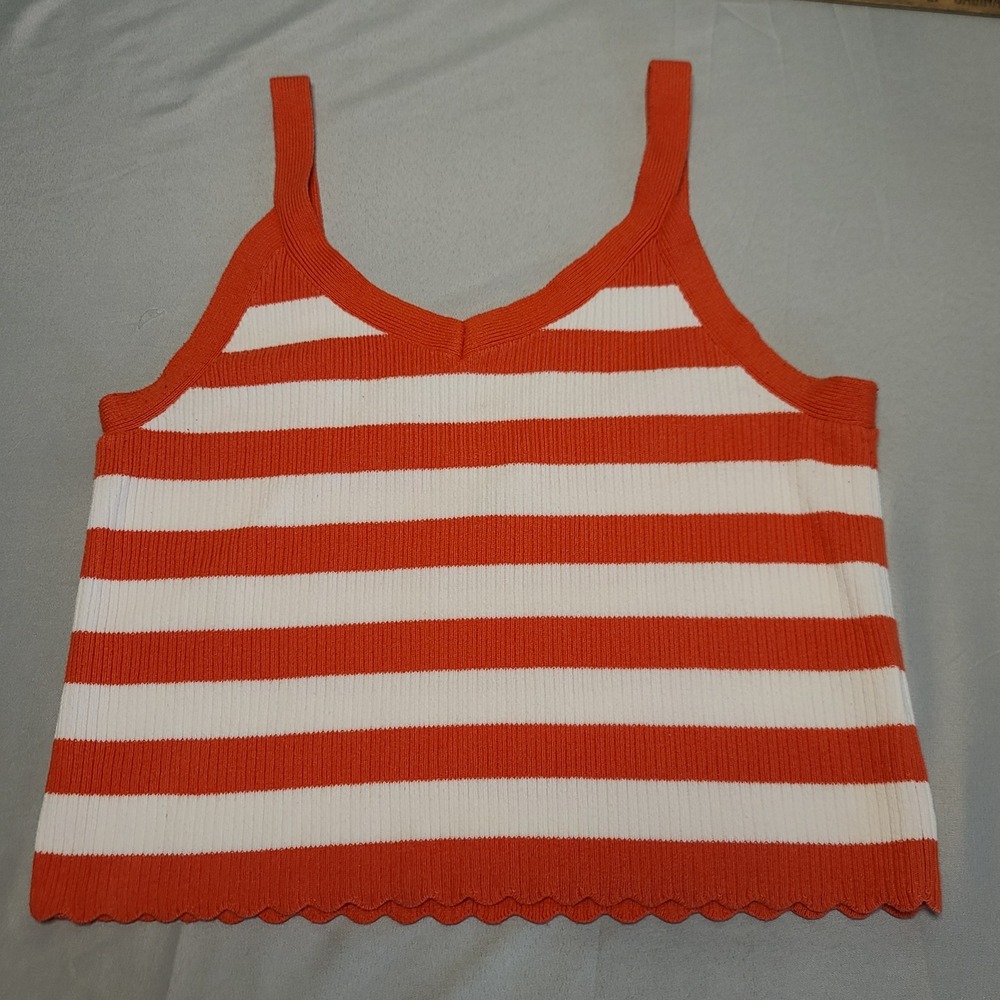 Universal Thread Tank Top Womens Large Orange Striped Ribbed Knit Scallop Crop